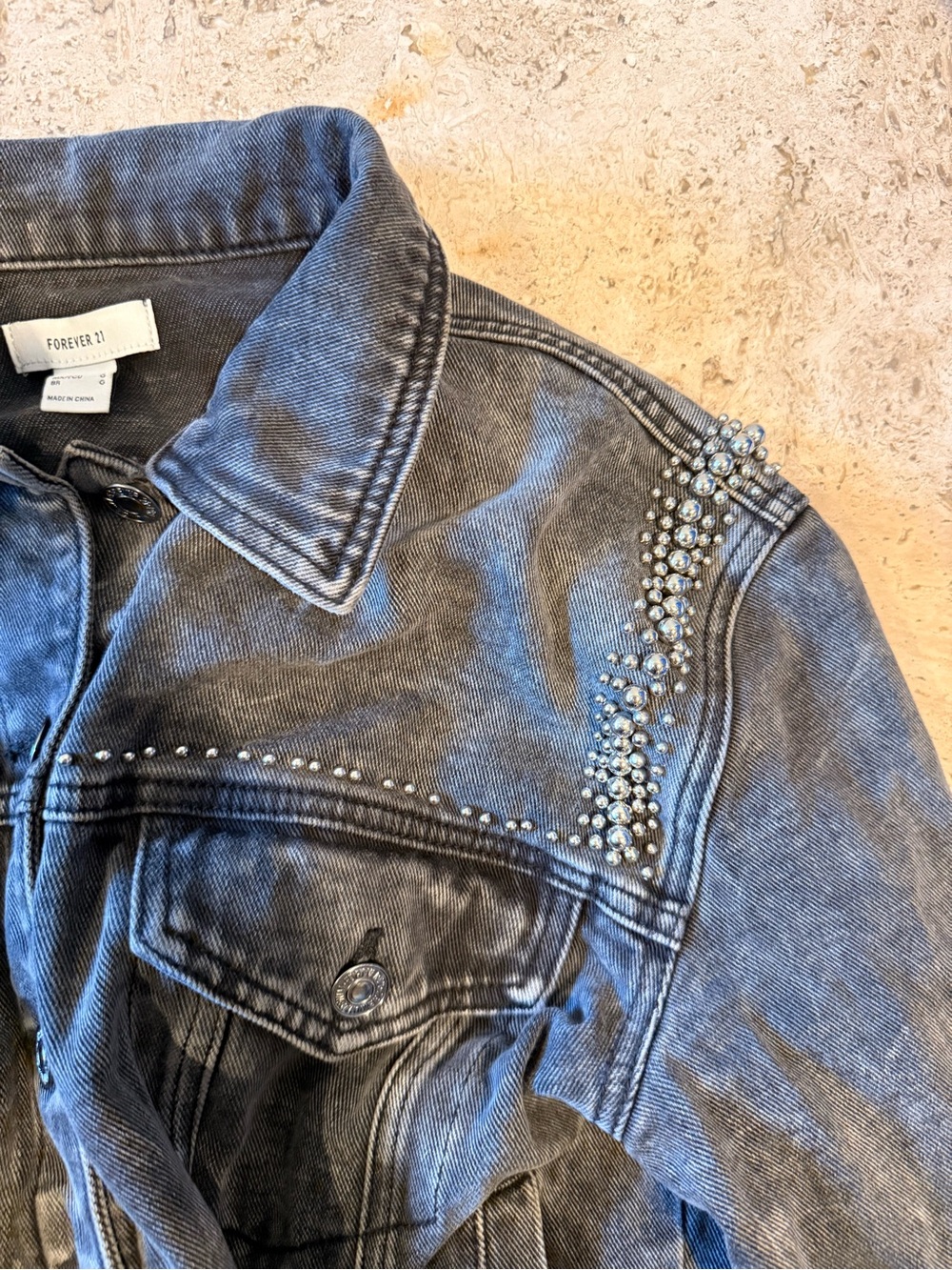 FOREVER 21 Black Washed Denim Jacket with Silver Studs - Picture 4 of 5